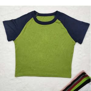 American Style <b>Raglan</b> Sleeves Contrasting Stripes Short Sleeved shirt Women's Slim Fit Short Crop <b>Top</b> Summer 100% Cotton Jersey - Product Image 2