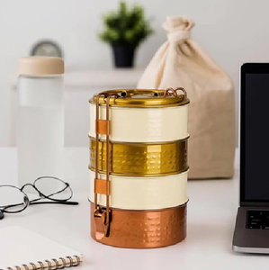 Hammered brass tiffin <b>box</b>, 3 tier metal food <b>container</b>, copper gold vintage lunch <b>box</b>, available at wholesale prices. - Product Image 1