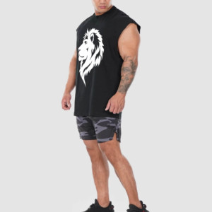 Camiseta sin Mangas Negra para Hombre, con Estampado de León, Cuello Redondo, Informal, Transpirable, 100% Algodón, Diseño de Logotipo Tejido en la Parte Delantera - Product Image 1