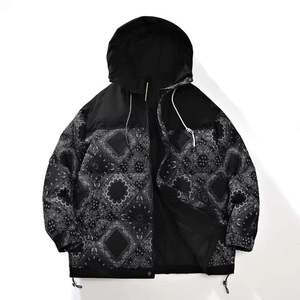 Manteau à capuche pour homme 100% polyester, blanc et noir, imprimé lettres, décontracté, fermeture éclair, épais, coupe classique, vêtement d'extérieur, garnissage 200g-250g, tissé - Product Image 2