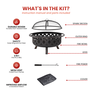 Brasero extérieur 36 pouces en treillis croisé, à bois, avec écran anti-étincelles et pioche, pour terrasse et jardin FP002 - Product Image 3