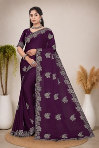 Vexotrend Indian Designer Women's <b>Satin</b> Chiffon <b>Saree</b> Embroidery Swarovski Patola Design Traditional Style Wedding Party Diwali - Product Image 5