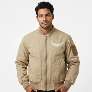 Chaqueta Caqui para Hombre, Color Sólido, Cuello Alto, Cierre de Cremallera Frontal, Diseño con Parche de Logotipo en las Alas, Ropa Casual de Otoño - Product Image 4
