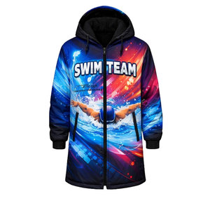 New Design Swim Parka <b>Jacket</b> for Swimmers, <b>Long</b> Insulated Hooded Coat with Premium Fabric, Stylish Blue Gradient Wave Print - Product Image 1
