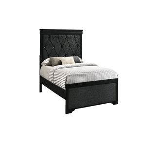 Letto Moderno Singolo con Pannello, Testiera in Legno Nera con Bottoni Trapuntati in Tessuto, 1 Pezzo, per Camera da Letto - Product Image 2