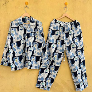Conjunto de pijama de algodón con estampado animal, conjunto de pijama bohemio con estampado de bloques para mujer, conjunto de pijama de verano, traje de dormir de dos piezas - Product Image 1