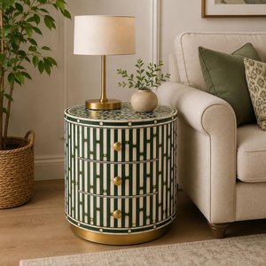 Modern Round Resin Inlay Wardrobe Green White Stripe Pattern Three Drawer Gold Base Living Room Home Hotel Furniture - Product Image 5