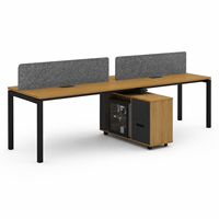 Poste de travail de bureau moderne pour deux personnes avec dessus en imitation bois, panneaux de séparation gris, cadres noirs et armoire de rangement latérale