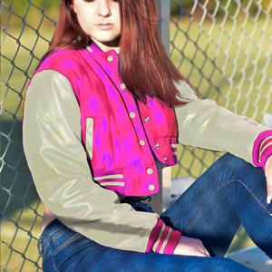 Womens Varsity Crop Jacket Magenta Pink Beige Letterman Style Bomber Coat Faux Leather Sleeves Casual Outerwear Ladies Fashion - Product Image 1