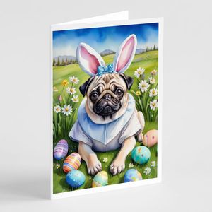 Whimsical A7 Tamaño 5x7 Tarjetas de nota en blanco Pug Easter Egg Hunt Tarjeta de felicitación Paquete de 8 con sobres - Product Image 1