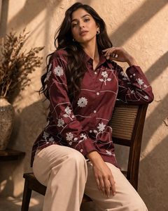 Chemise brodée en viscose rayonne marron pour femme, broderie florale, chemise boutonnée décontractée pour femme - Product Image 4