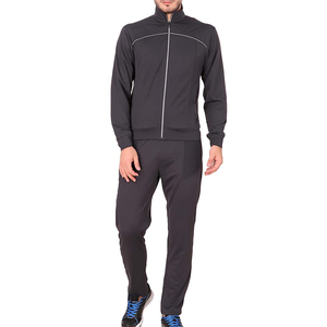 Men's Dark Gray Full Zip <b>Tracksuit</b> Set Solid Color Sporty Style Quick Dry Polyester Long Sleeve Pants With Side Pockets - Product Image 1