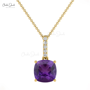 Popular Products 6mm Cushion Cut African Amethyst Dangling <b>Pendant</b> with 14k <b>Solid</b> <b>Gold</b> Diamond Accent Wedding Gift <b>Pendant</b> - Product Image 1