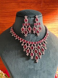 Light Pink Zircon <b>Statement</b> <b>Necklace</b> and Earrings Set Silver-Plated American Diamond Jewelry for Women Handmade Bulk Product - Product Image 2