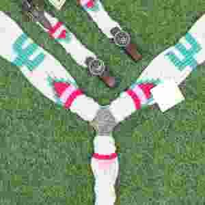 ชุดบังเหียนและสายรัดอกทำจากขนโมแฮร์สีเขียวลายกระบองเพชร พร้อมหนังอาร์เจนตินา ขนาดรอบอก 32 นิ้ว - Product Image 4