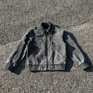 Veste en jean vintage noire streetwear à revers et ourlet côtelés, col Byron, qualité supérieure, pour hommes et femmes - Product Image 1