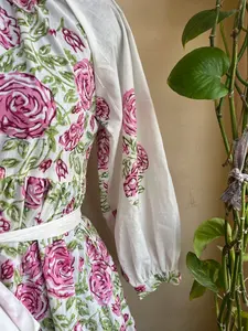 Robe longue en coton tissé imprimé numérique pour femme, style formel, avec blocs de couleurs mélangées, ceinture, manches longues, poches à volants, grandes tailles - Product Image 2