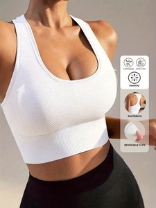 High Elasticity Running Sports Bra | Women's Scoop Neck Seamless Gym Crop Cami | Ribbed <b>Underbust</b> Band Athletic Sportswear - Product Image 4