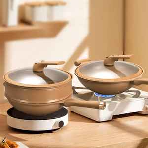 Ensemble de casseroles et poêles en céramique antiadhésive avec poignée en bois, compatible induction, pour la cuisine - Product Image 2