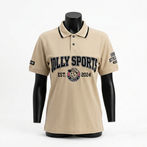 เสื้อโปโลผู้หญิง ผ้าคอตตอนปิเก้ 220 GSM ระบายอากาศได้ดี สีเบจ คอเสื้อตัดสี แขนเสื้อปักลาย ปักโลโก้ได้ตามต้องการ เสื้อโปโลผู้หญิง - Product Image 1