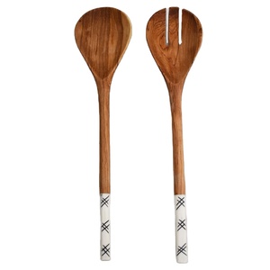New Resin Handle with Acacia Wood Salad Serving Spoon Set Fruit <b>Dessert</b> Mixing Tools and <b>Fork</b> for Party - Product Image 1