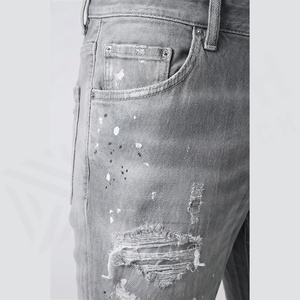 Jean en denim gris déchiré coupe slim pour homme, jambe droite, en coton, style décontracté, délavé, idéal pour le printemps - Product Image 5