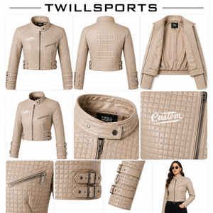 Women's Motorcycle <b>Quilted</b> PU Leather <b>Jacket</b> Solid <b>Pattern</b> Stand Collar Zipper Front Cropped Style Belt Detail Windproof - Product Image 5