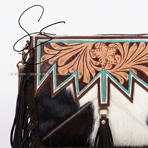 Handmade Western Cowhide Fringe Sling Bag Tooled Leather Crossbody Boho Tassel <b>Purse</b> Vintage Turquoise Accent Hair On Hide Bag - Product Image 4