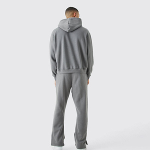 Ensemble de survêtement gris à capuche pour homme, manches longues, décontracté, pour l'automne, avec poches latérales, respirant, 100% coton, couleur unie - Product Image 2