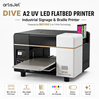 Impresora plana UV LED artisJet DIVE A2 para señalización profesional, impresión en acrílico, PVC, madera, metal, plástico y tableros publicitarios.