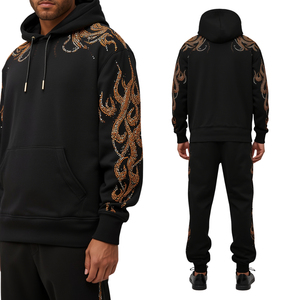 Ensemble de survêtement pour homme noir à capuche avec fermeture éclair, motif flamme en strass, sweat-shirt et pantalon de survêtement longs, style streetwear - Product Image 3
