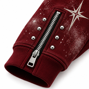 Men's Oversized Burgundy Zip Up Hoodie Embroidered Letter <b>Star</b> Pattern Studded Hip Hop Sweatshirt - Product Image 4