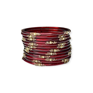 Viral Trendy Gold Plated Kashmiri Dark <b>Red</b> Glass Bangles with Emerald Cut Pearl Work for Wedding & Occasion Wear - Product Image 5