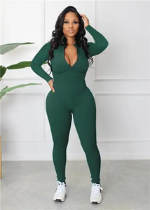 Combinaison moulante grise à manches longues et fermeture éclair sur le devant pour femme, taille haute, coupe ajustée, effet ventre plat, style streetwear - Product Image 4