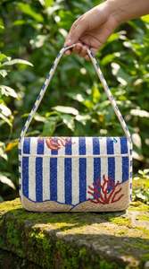 Bolso de Hombro Rectangular Hecho a Mano con Cuentas de Vidrio, Patrón de Olas de Coral Oceánico, Bordado Azul con Puntadas Cruzadas, Lavable - Product Image 3
