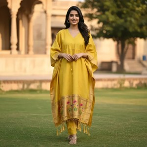 Vestido Kaftán de Diseño VASTRA COTTAGE, Tejido de Seda Suave con Zari, Motivos de Puntos, Borde Ancho Meenakari, Borlas, Talla Única - Product Image 3