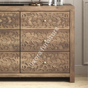 Luxury Handcrafted Solid Wood 6 Drawer Dresser Ornate Lattice Floral Carving Natural Walnut Finish - Product Image 2