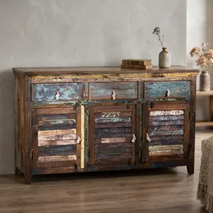 Buffet en bois multicolore vieilli de style vintage avec trois portes à persiennes et trois tiroirs, meuble de rangement rustique de style ferme - Product Image 1