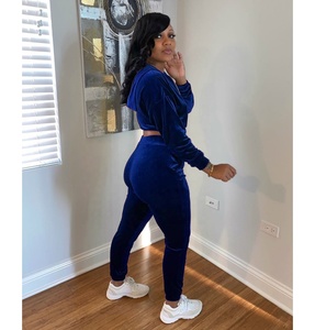 Wholesale zipper crop top <b>hoodie</b> with joggers trousers two piece set for women with your own logo - Product Image 6