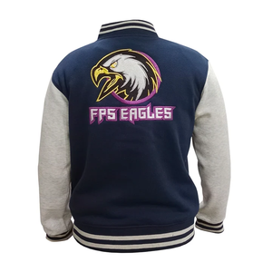 Veste universitaire bleu marine pour homme avec manches en polaire blanche et inscription FPS, style preppy, col rabattu, coupe classique - Product Image 4
