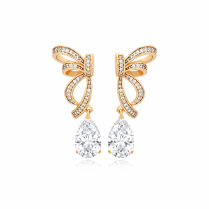 Pendientes de lujo con diseño de lazo real, chapados en oro de 14 quilates, con diamantes talla pera, diamantes cultivados en laboratorio, joyería para bodas y fiestas para mujeres. - Product Image 1