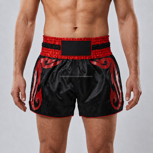 Custom Black Red <b>Men</b> Muay Thai <b>Shorts</b> Applique Leather <b>Patches</b> Kickboxing Trunks Wholesale Custom Logo MMA Fighting <b>Shorts</b> - Product Image 1