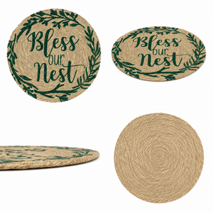 Round Natural Jute <b>Placemat</b> With Green Leaf Pattern Bless Our Nest Printed Home Decor <b>Table</b> Mat Classic Style Washable - Product Image 2