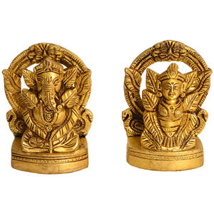 ประติมากรรมทองเหลืองขนาด3นิ้วทำด้วยมือของพระพิฆเนศมาพร้อมใบไม้ท่อสำหรับเป็นของขวัญผลิตในอินเดีย - Product Image 1