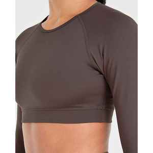 Haut court marron à manches longues pour femme, col rond, couleur unie, pull respirant, haut de sport - Product Image 3