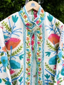 Hand Embroidered Floral Cotton Bomber <b>Jacket</b> <b>Women</b> Stand Collar Three Quarter Sleeve Prairie Chic <b>Spring</b> Autumn Boho Style Open - Product Image 5