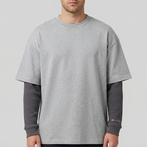 Men's T Shirt Gray Layered Long Sleeve Crew Neck Oversized Fit Short Sleeve Casual Streetwear <b>Tshirt</b> Clothes - Product Image 1
