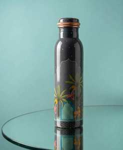 Botella de agua de cobre de diseño oriental con patrón de palmera, portátil, para viaje, con tapa, botella de agua de cobre puro. - Product Image 2