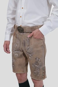 Men's Bavarian Embroidered Lederhosen Shorts <b>Animal</b> <b>Pattern</b> High Waist Button Fly Bermuda Length Vintage Washed Cotton Canvas - Product Image 3