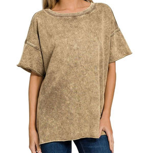 Oversized Men's <b>Short</b> <b>Sleeve</b> T-Shirt O-Neck Solid Color Washed Cotton Jersey Casual Fit Regular Length Knitted Fabric - Product Image 1